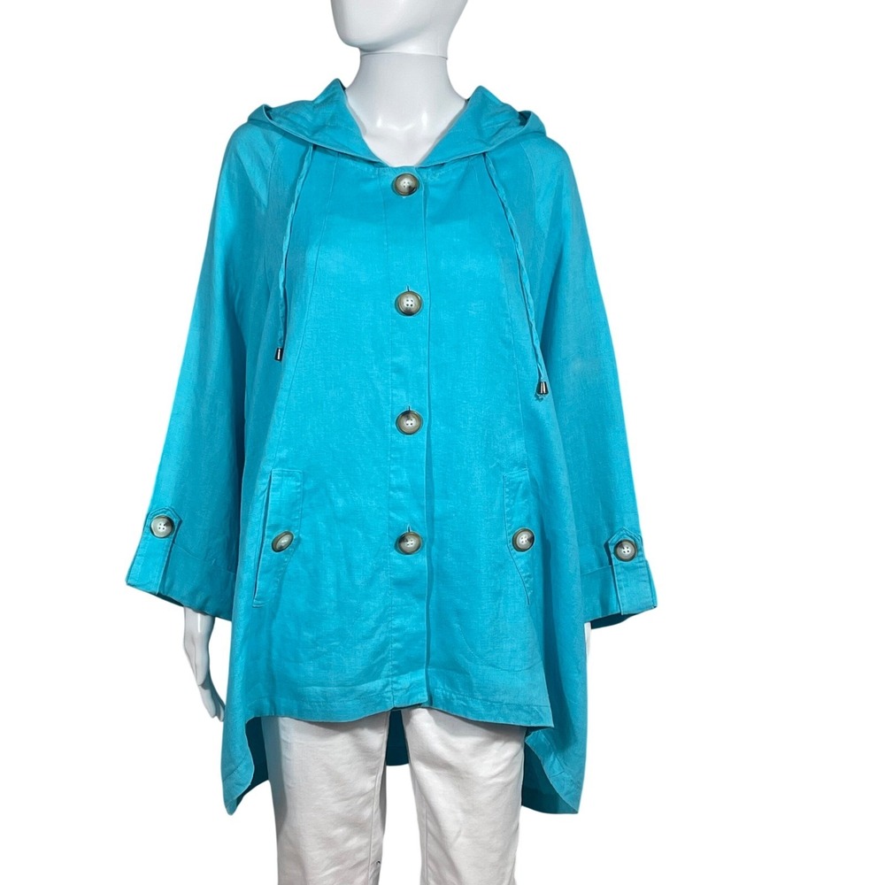Turquoise 100% Linen Hooded Swing Jacket Women Button Front Coastal Artsy